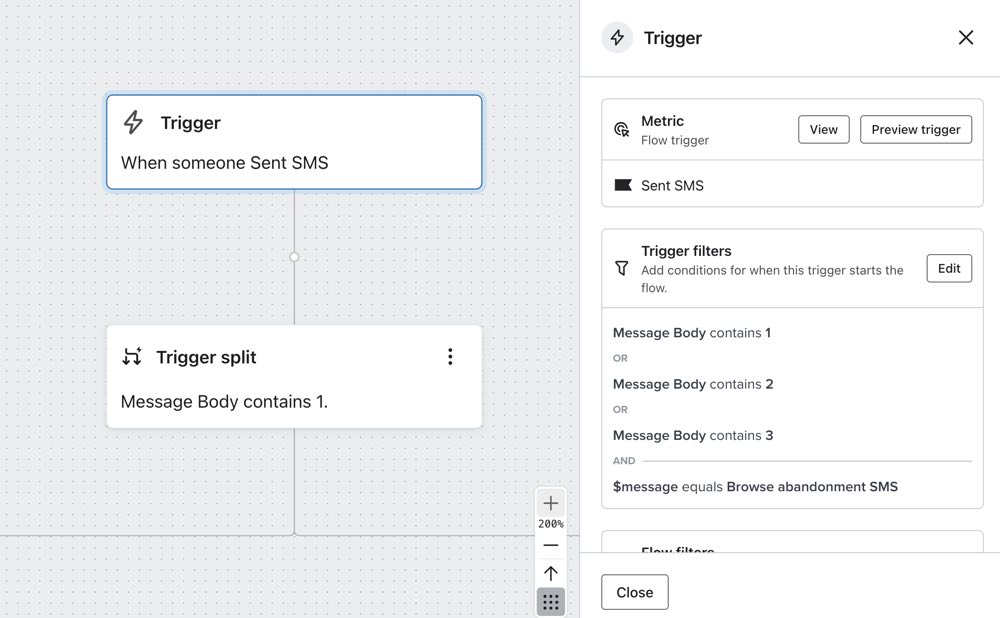 The trigger filters of a flow that checks if the message contains 1, 2, or 3