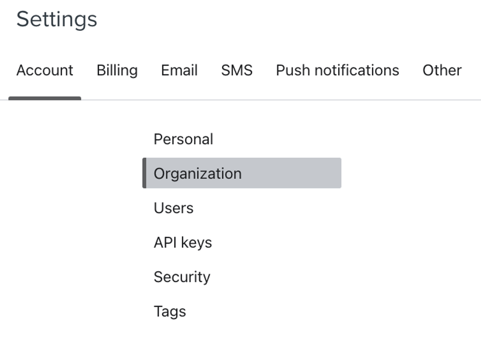 A página Account Settings (Configurações da conta) com Organization (Organização) selecionada no menu.