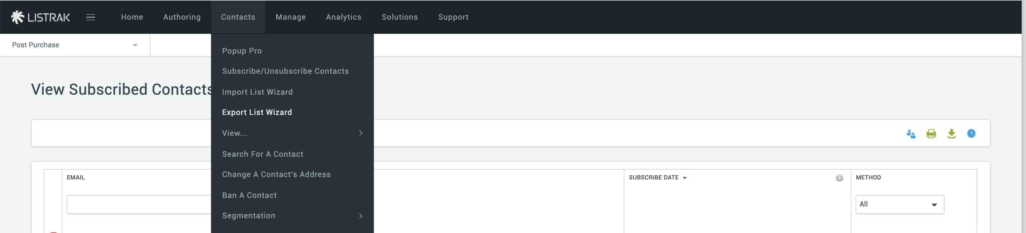 Contacts menu in Listrak with Export List Wizard in white