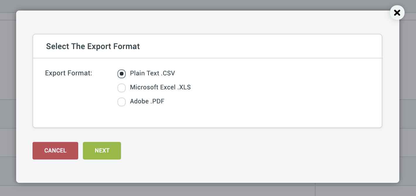 Selezioni il formato di esportazione con il testo semplice .CSV selezionato.