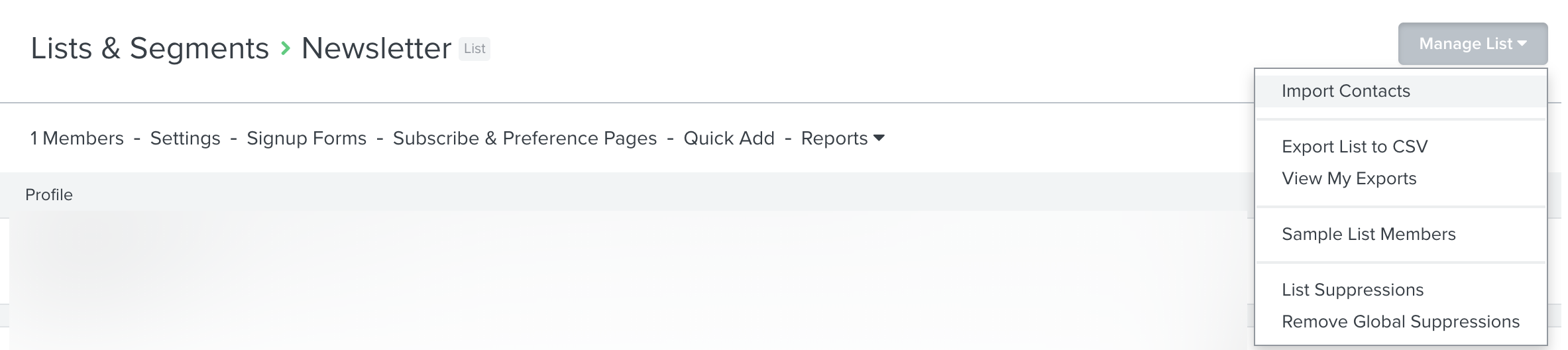 Manage List dropdown where you can select Import Contacts