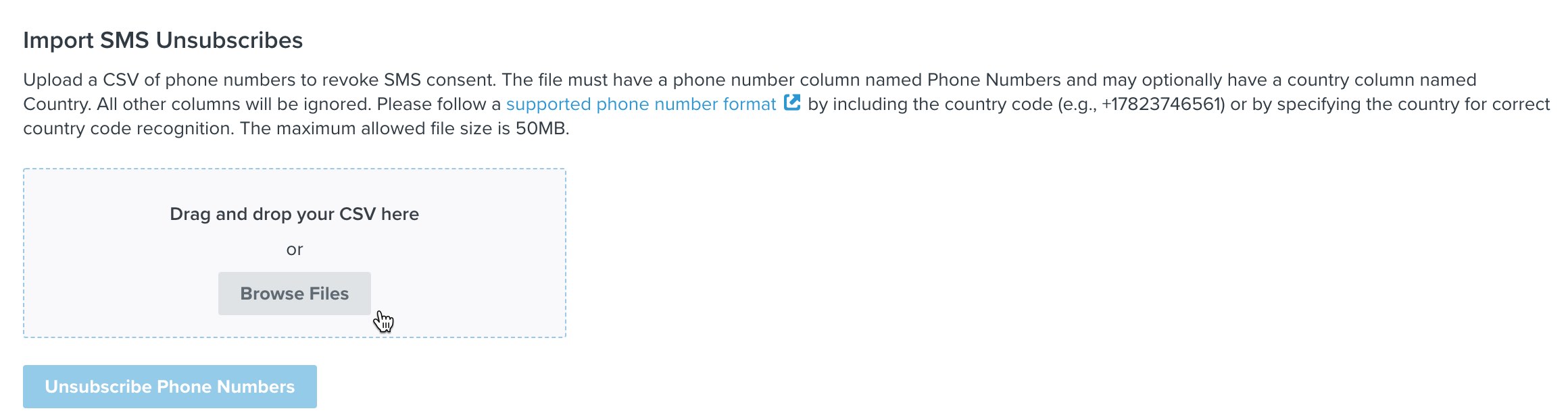 Na página de configurações de SMS do Klaviyo, um cursor passa sobre o botão Browse Files