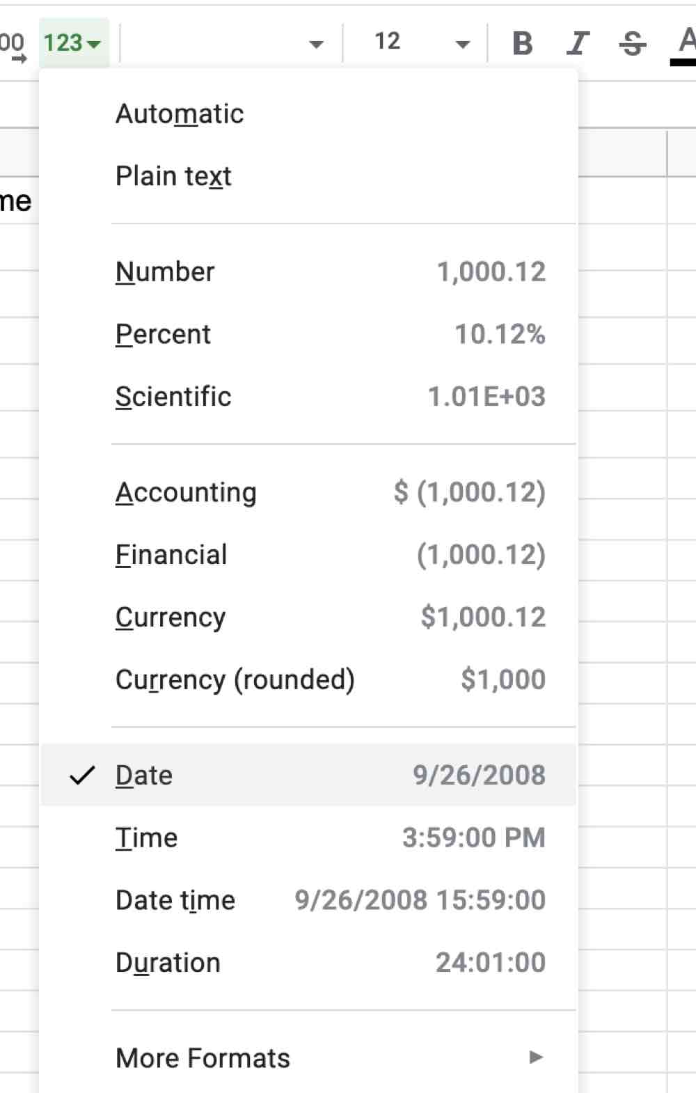 L'option Date du menu 123 dans Google Sheets