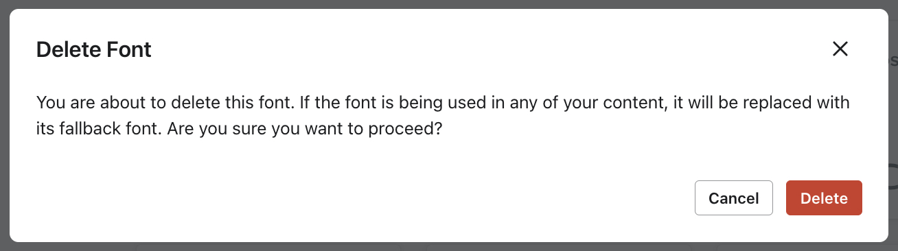 The Delete Font confirmation modal that appears when you choose to delete a font.