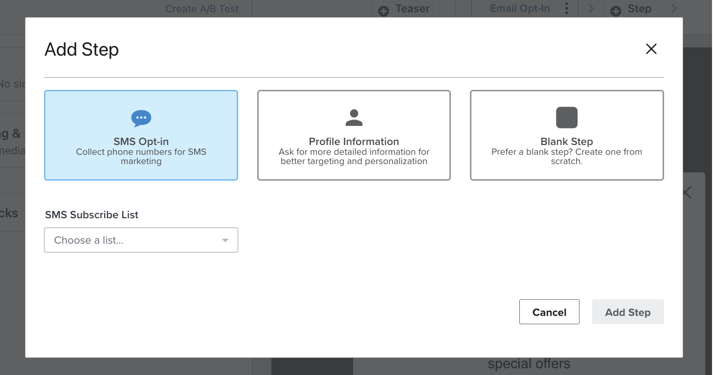 The Add step menu in the form editor showing the options for types of new stesp, including SMS opt-in, profile information, and blank step.