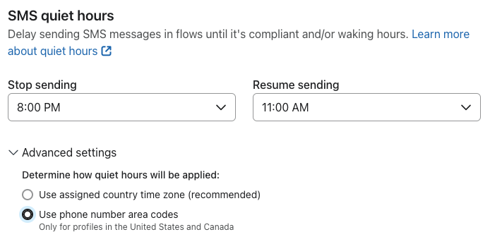 Quiet hours settings under the SMS sender preferences tab