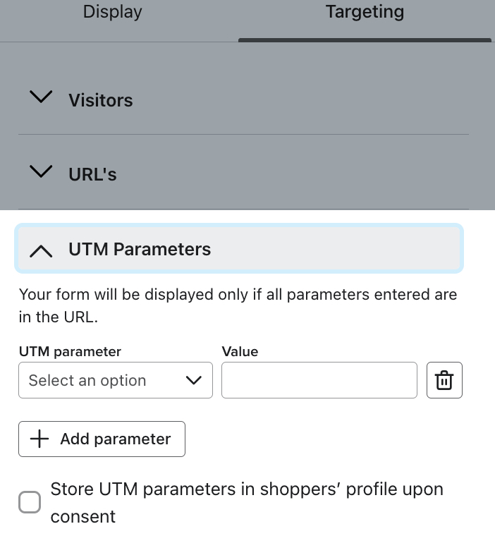 The UTM Parameters section of the Targeting menu where you can add UTM parameters and values to target by.