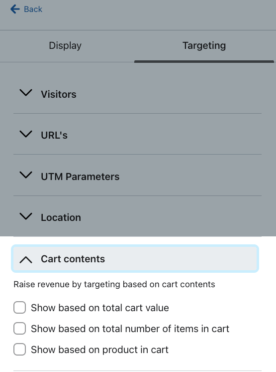 The Cart contents section within the targeting menu where you can choose to trigger a form to appear based on certain cart attributes.