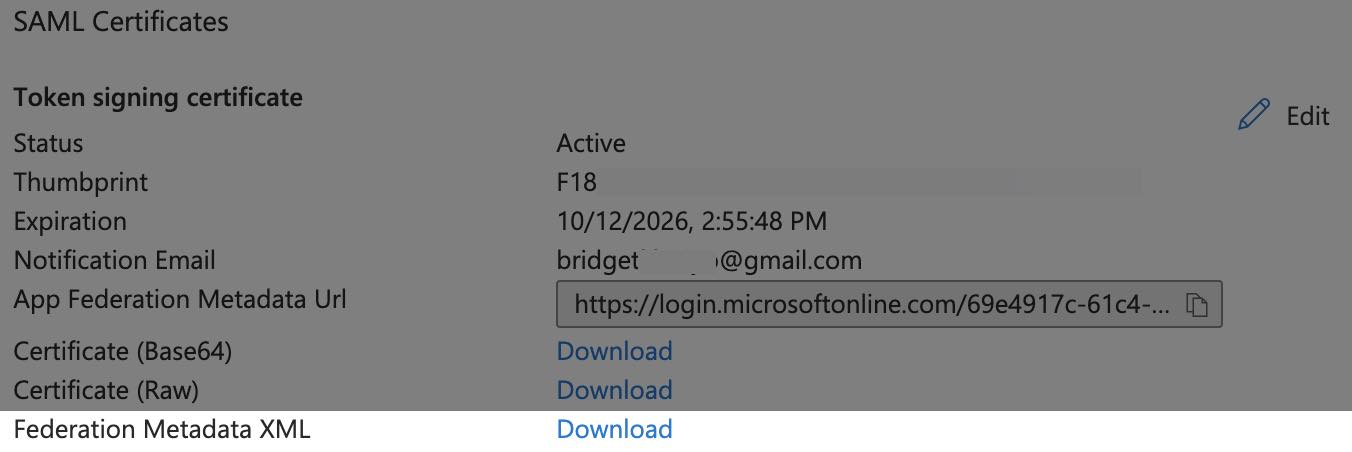 SAML certificates box where only the Federated Metadata XML option is highlighted