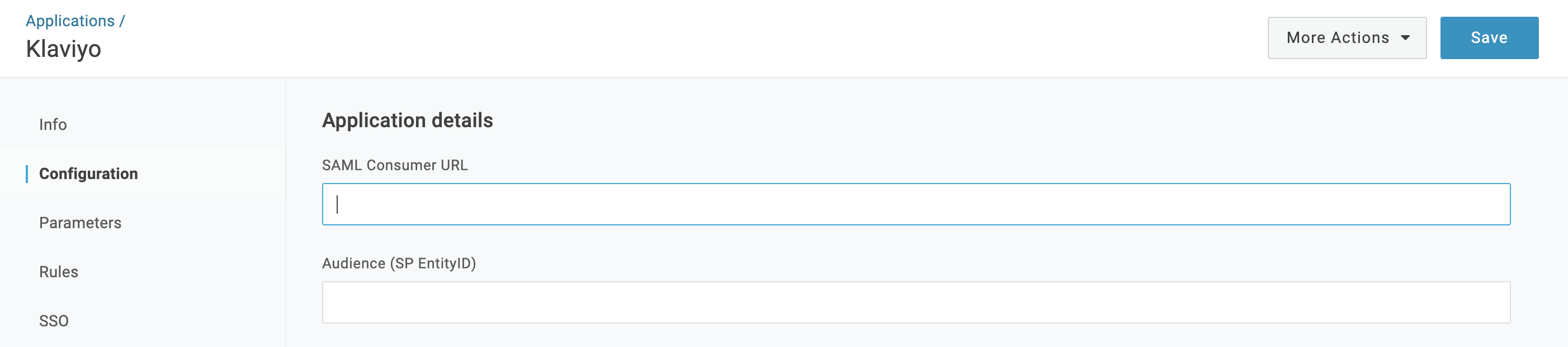 Página de configuración sin información