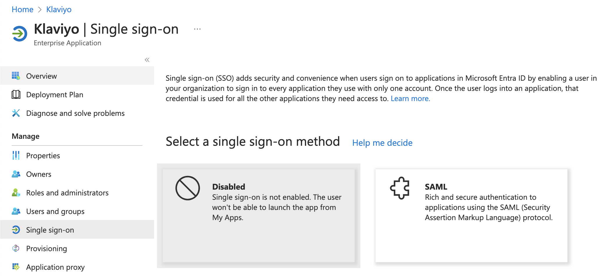 Pagina del metodo Single Sign-On per un'applicazione, che per impostazione predefinita è disattivata.