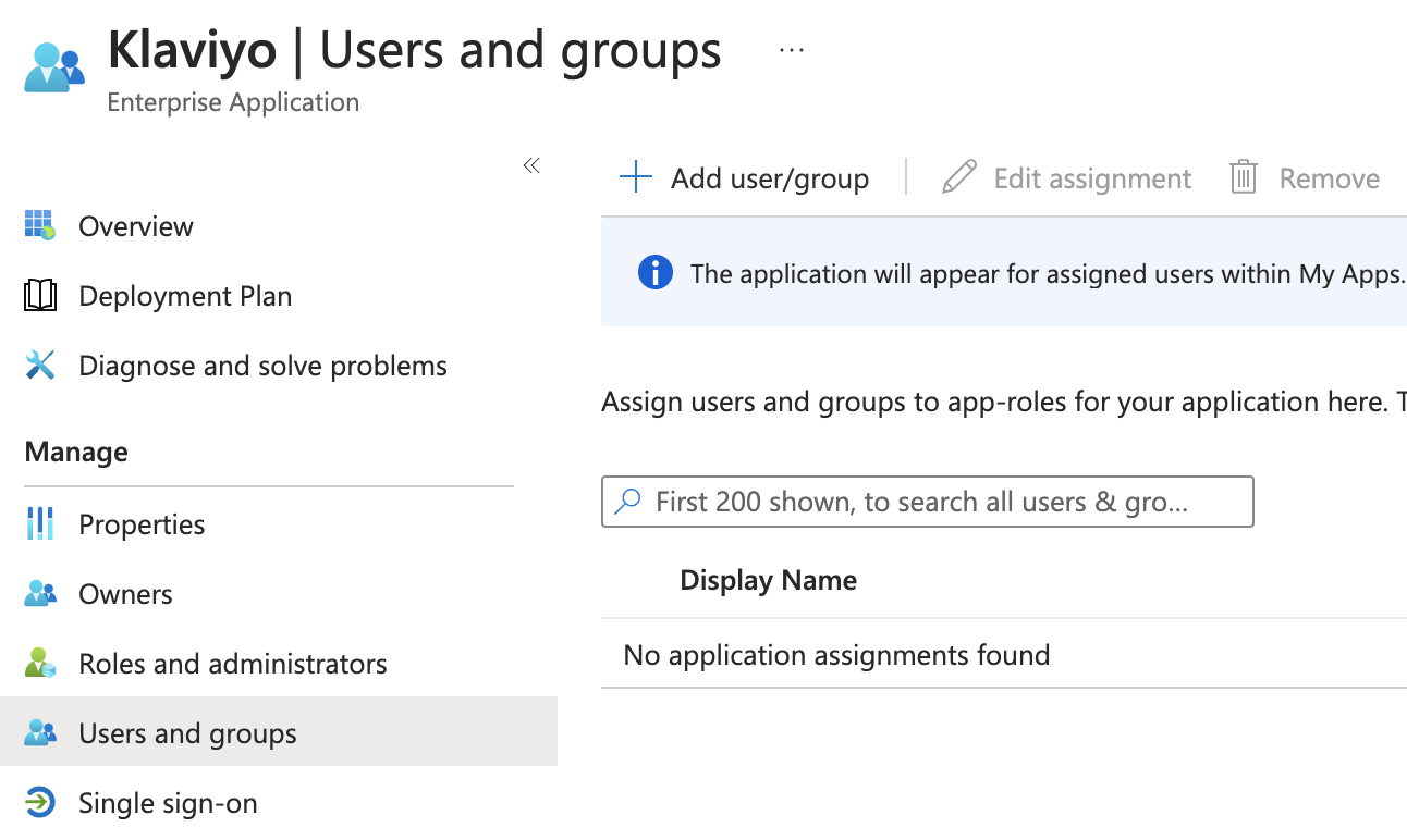 Pagina Utenti e gruppi per l'esempio di applicazione Klaviyo