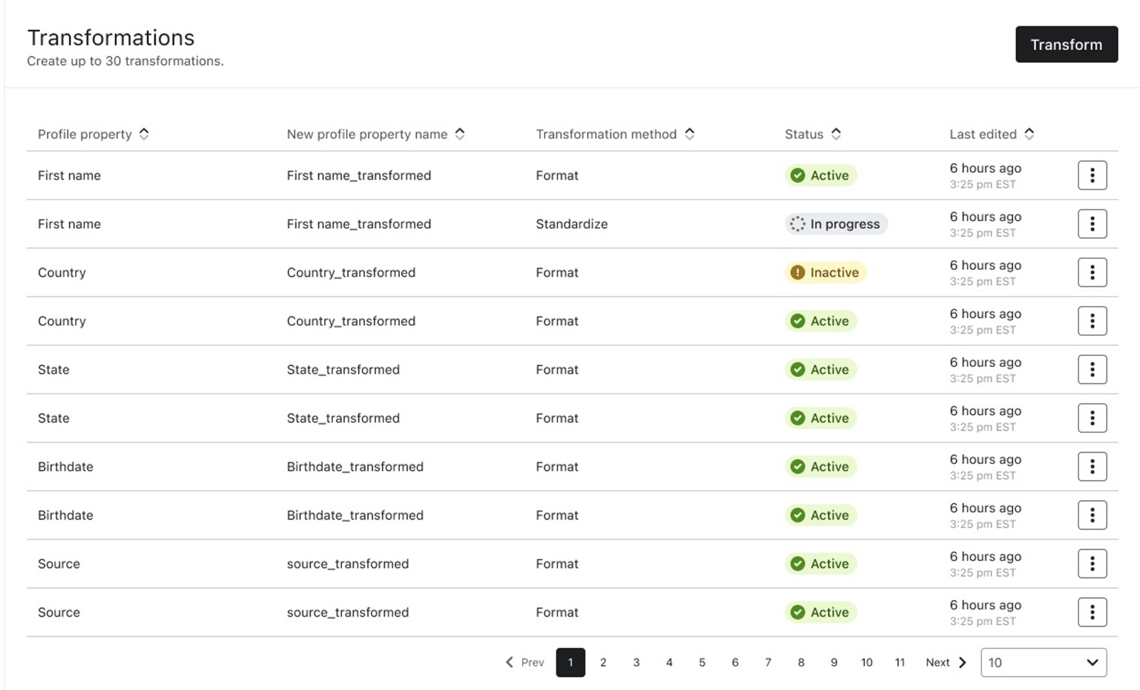 List view of active transformations on account