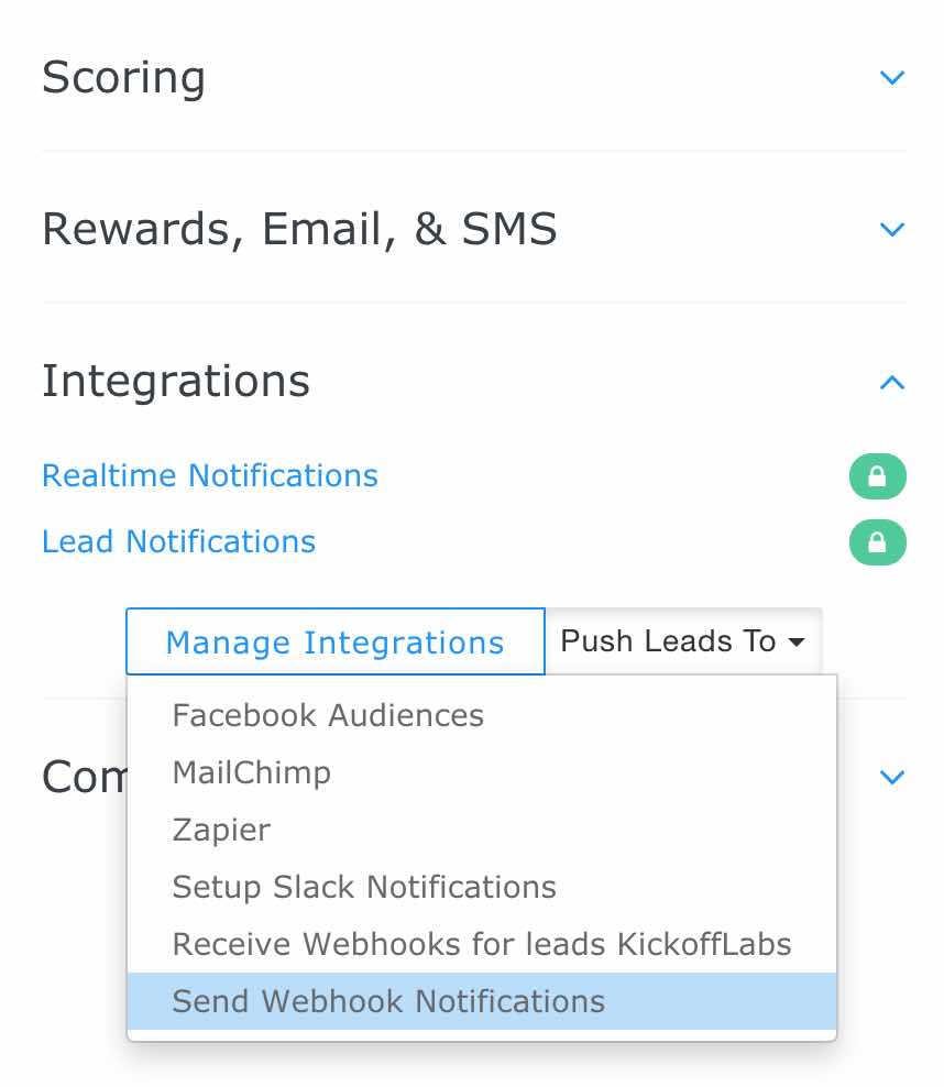 La section des intégrations de Kickoff Labs affiche le menu déroulant Gérer les intégrations avec Send Webhook Notifications surligné en bleu.