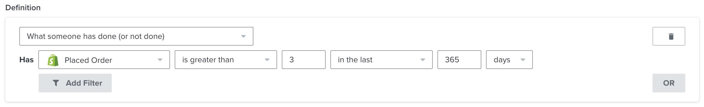 A segment of customers who have placed more than x orders in the last 365 days