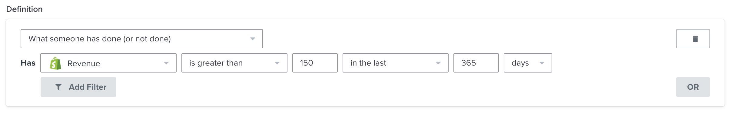 A segment of customers whose Revenue is greater than x in the last 365 days