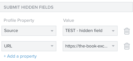 In a close up of the Hidden Fields section, a second hidden field, URL, has been added with a specific URL as the value