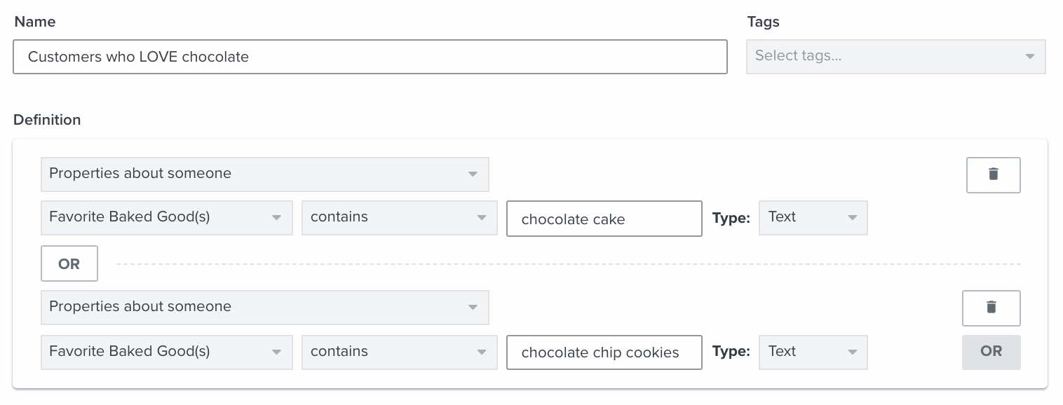 Définition d’un segment pour les abonnés intéressés par les gâteaux au chocolat ou les cookies aux pépites de chocolat.