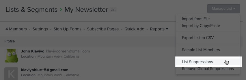 List suppressions option in manage lists menu