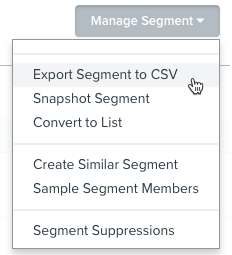 O menu Manage Segment (Gerenciar segmento) contém uma opção Exportar para CSV