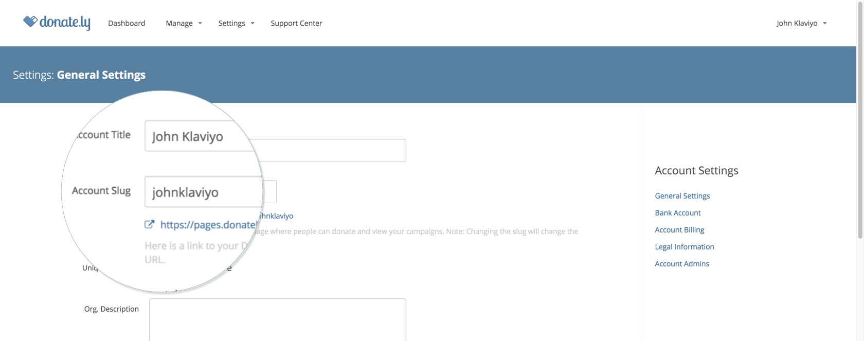 Página de configurações gerais no Donate.ly mostrando o título da conta e o slug da conta