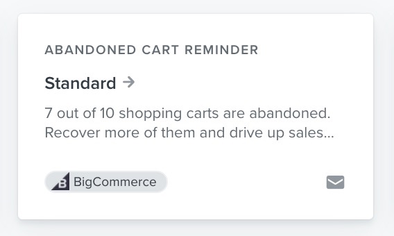 Tarjeta para el flujo estándar de recordatorio de carrito abandonado para BigCommerce en la biblioteca de flujos de Klaviyo