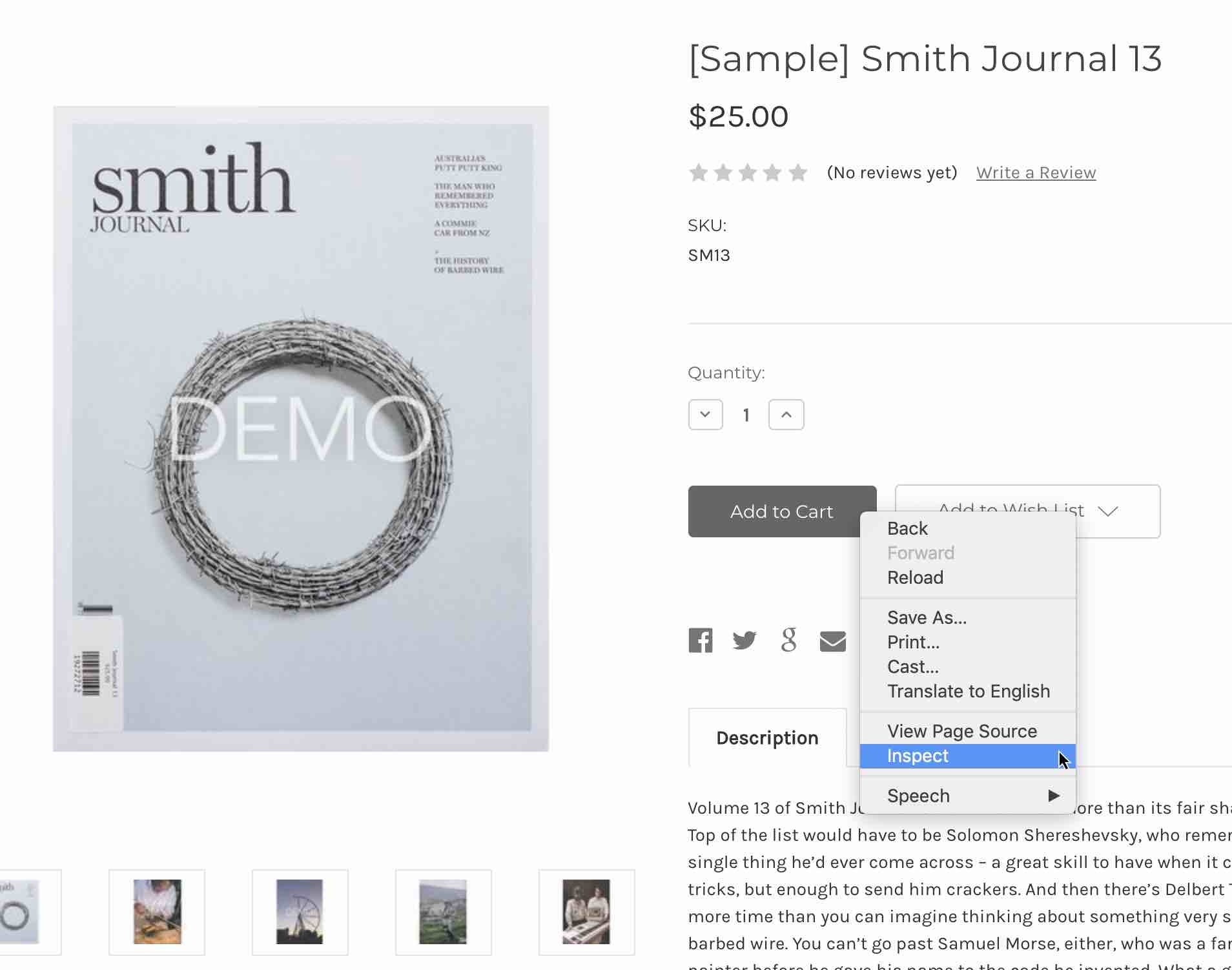 Loja BigCommerce com item de demonstração Smith Journal, menu de clique direito aberto no botão Add to Cart com Inspect destacado em azul