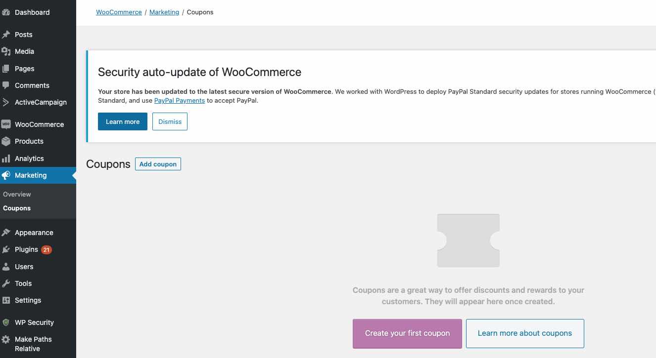 A página de cupons em sua conta do Woocommerce com o botão adicionar cupom selecionado.