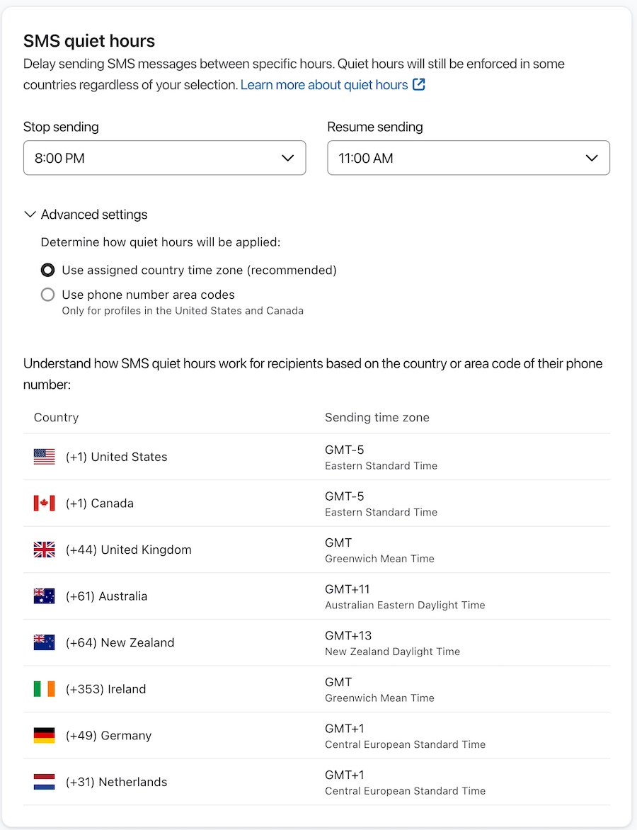 SMS quiet hours set up to not send between 8pm and 11am