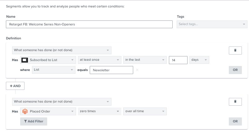 Segment in Klaviyo segment builder of customers who have been added to the newsletter list in the last 14 days but have never placed an order