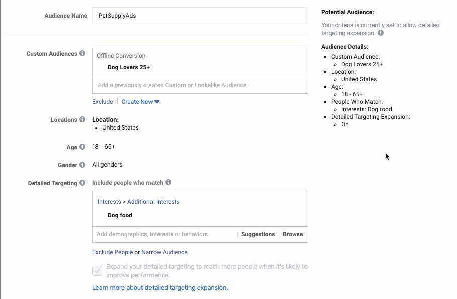 Creador de audiencias de Facebook con audiencia basada en el público personalizado Dog Lovers 25+ con la configuración de segmentación seleccionada