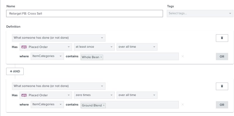 Segment dans Klaviyo segment builder of customers who have placed a whole bean order but not a ground blend order