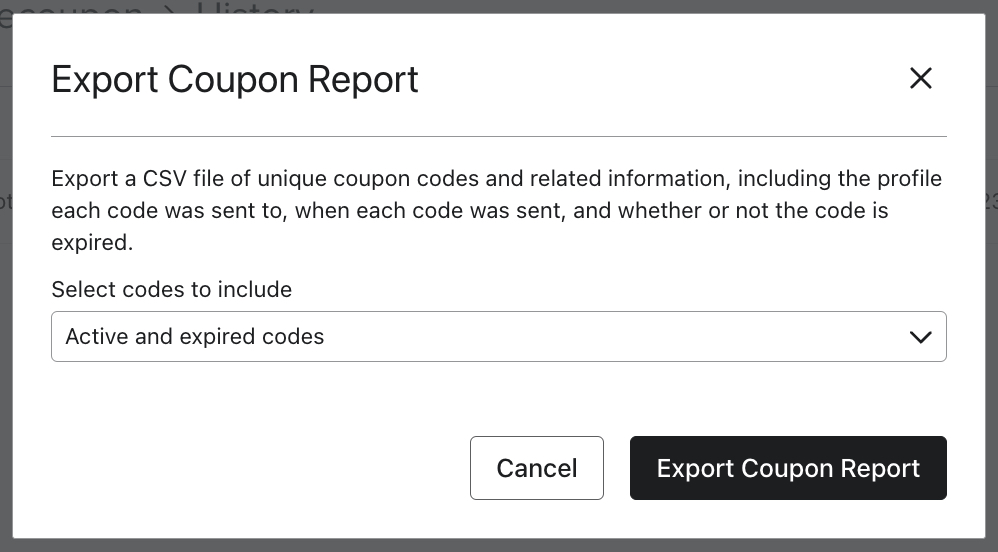 The Export Coupon Report modal showing the option set to include active and expired codes.