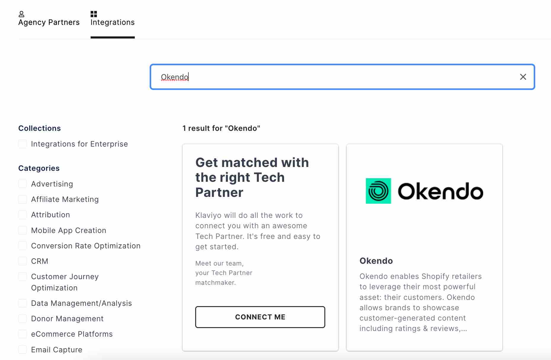 Klaviyo Connect integrations directory with Okendo in search bar and Okendo card in results