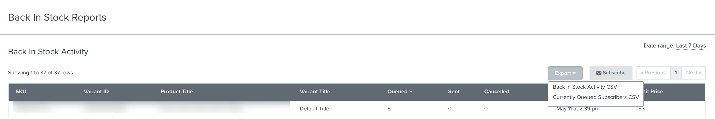 Inside back in stock reports in back in stock activity, with Export menu expanded above