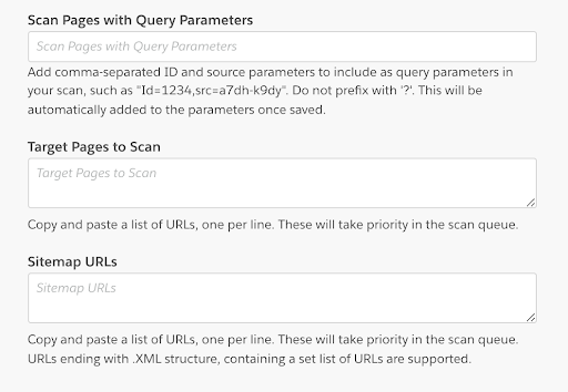 In the Scanning Settings page, fields to add additional information on certain pages or areas of your website to scan 