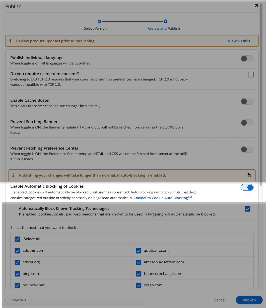 On the Review and Publish screen, a highlighted area to toggle on Automatic Blocking of Cookies