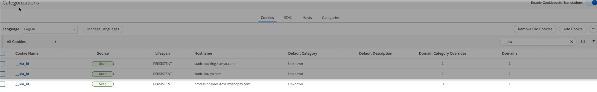 En la página de Categorización, su cookie __kla_id resaltada en una vista de lista