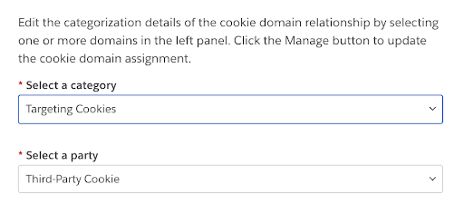 Na guia Categorization (Categorização), um modal mostrando menus suspensos para selecionar uma categoria de cookie e uma parte de cookie