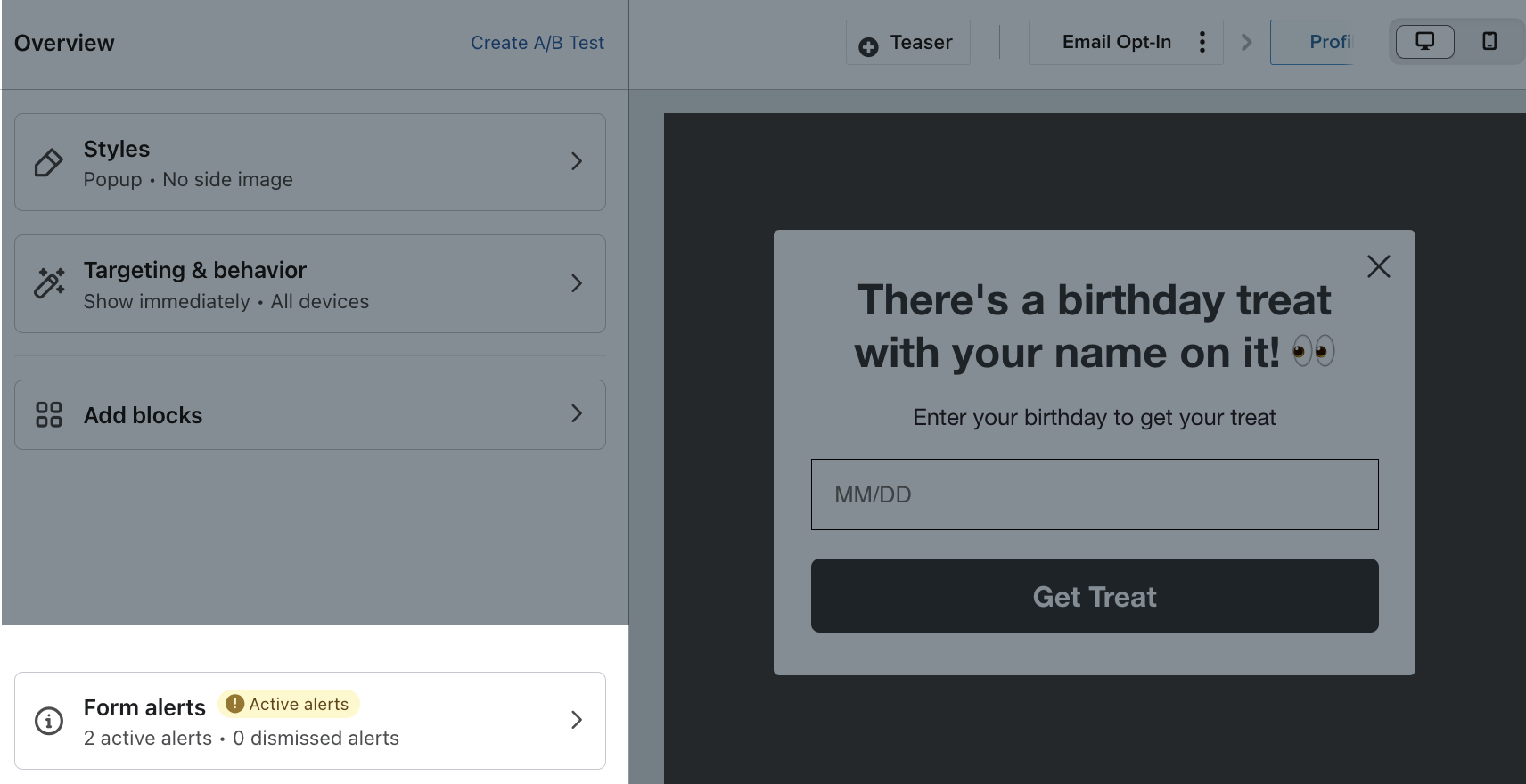 The Form Alerts tab highlighted in the lower left corner of the sign-up form editor and showing 2 active alerts.