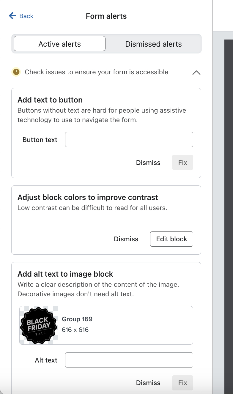 The Form Alerts tab open and displaying 3 identified accessibility issues found in a sign-up form.