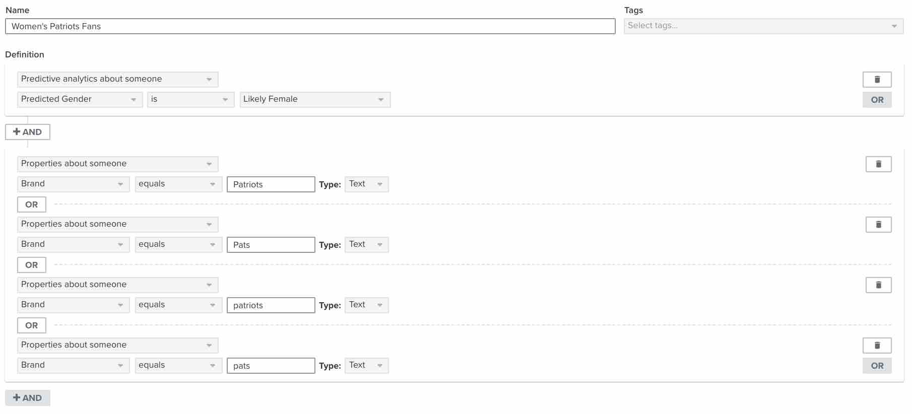 A segment definition showing how to add various spellings of related or identical answers, like Pats, Patriots, patriots, and pats