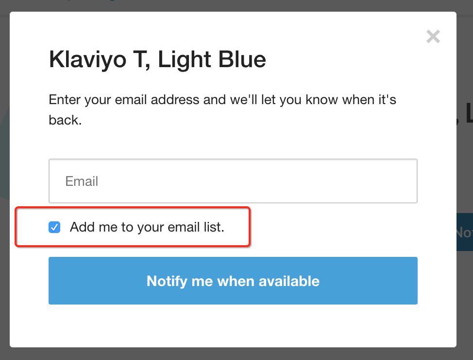 Back in stock modal with Add me to your email list checkbox checked