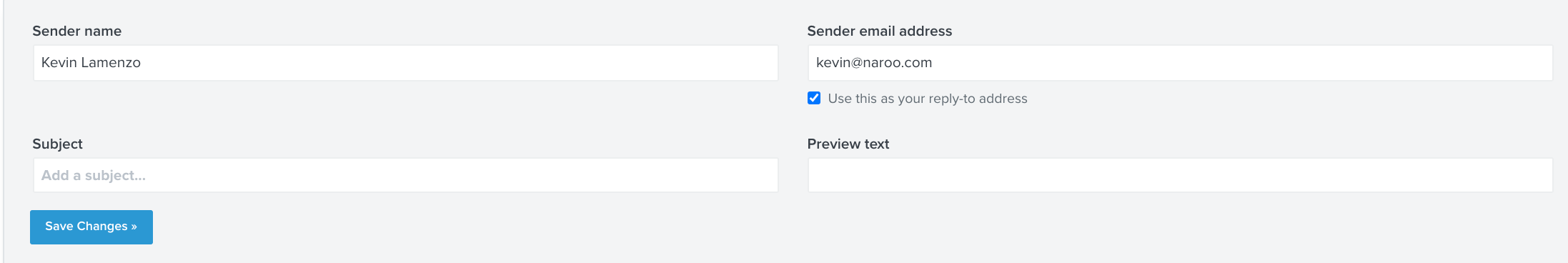 View of when you first sign up for Klaviyo with your default sender email name and address fields.