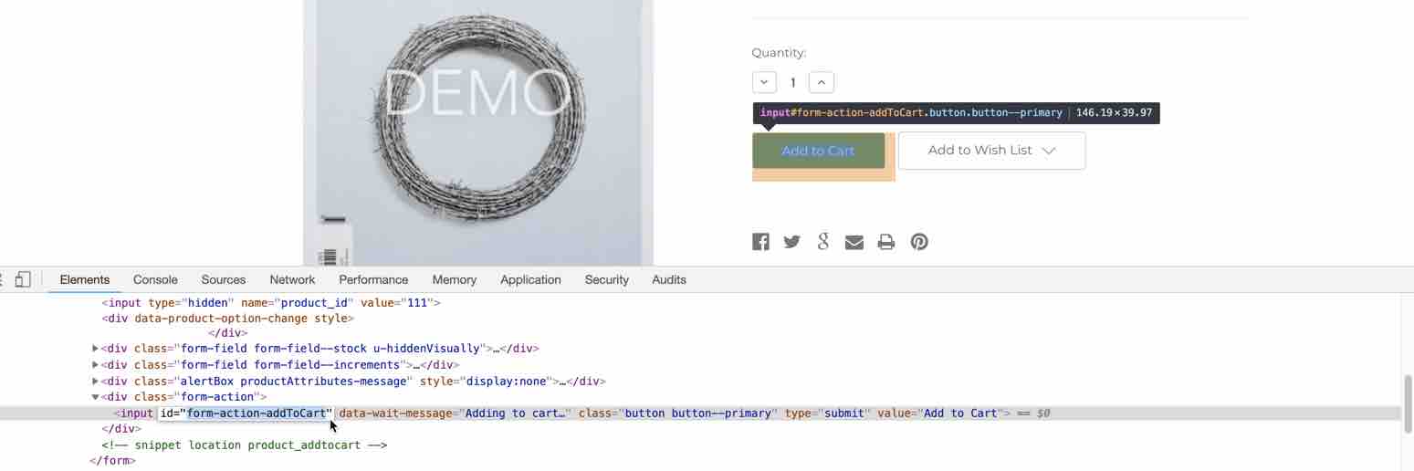 L'article de démonstration de la boutique BigCommerce avec la console Chrome ouverte et l'ID du bouton d'ajout au panier, form-action-addToCart, mis en évidence.