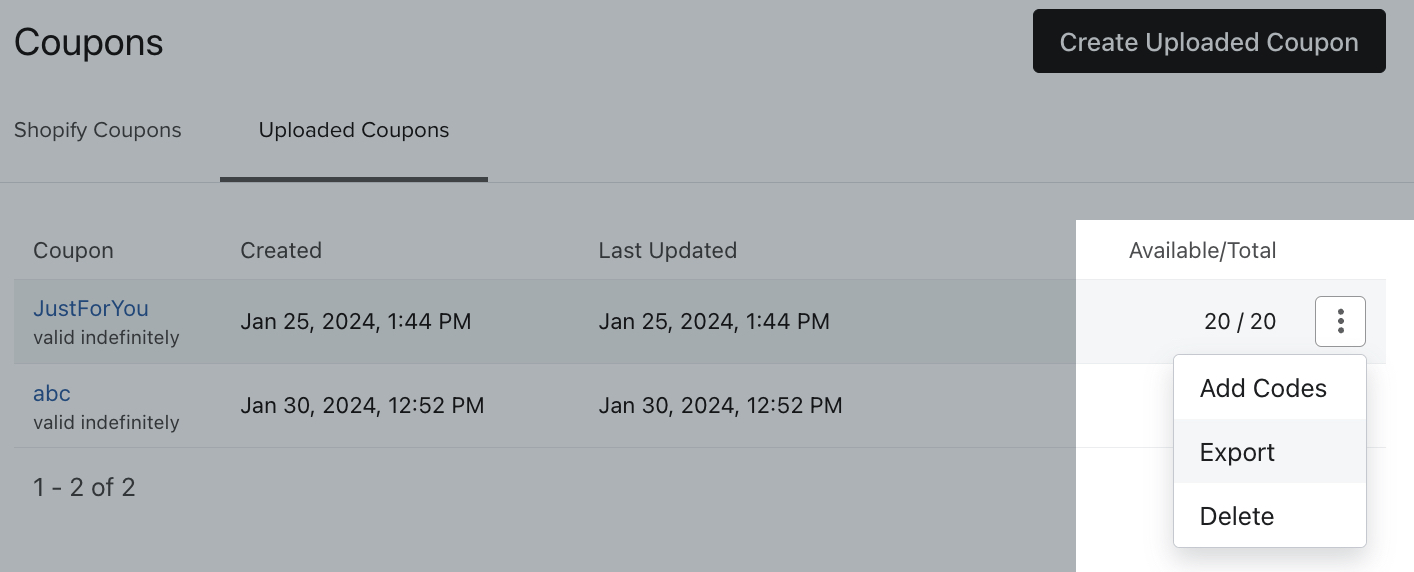 Le menu déroulant à 3 points apparaît à côté d’un exemple de code de réduction dans l’onglet Uploaded Coupons et l’option Export est sélectionnée.