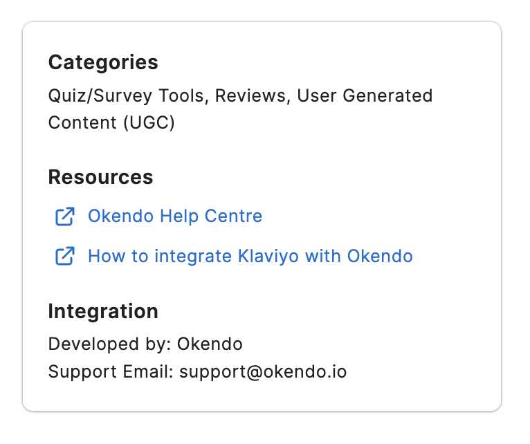 Card showing third party integration information including Resources section with link to Okendo Help Centre and How to integrate Okendo with Klaviyo