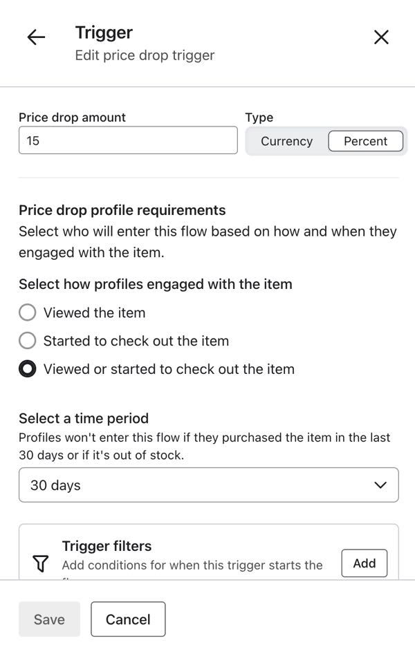 Na parte inferior do menu de configuração do Price Drop, há a opção de configurar um período de tempo para quando alguém visualizou ou fez o check-out do item.