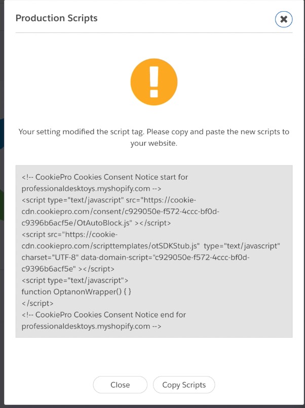A popup window showing your production scripts to copy and paste to your website