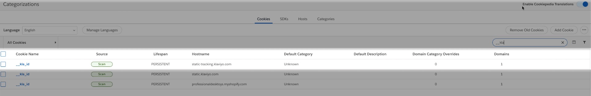 Dentro de la página Categorizaciones, una vista resaltada de la cookie __kla_id en una lista